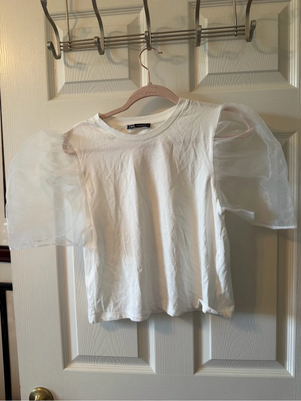 Zara White Puff Sleeve Tee with Sheer Organza Sleeves